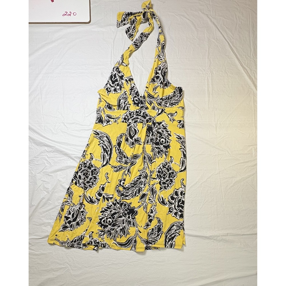 Womens GLAM sleeveless floral halter top dress, yellow/black/white, size Small